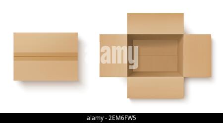 Brauner Karton realistischer Nachbau von Lieferpaketen Vektor-Design. Offenes und geschlossenes Kartonpaket, Draufsicht auf leere Versand- oder Lagerverpackungen Stock Vektor