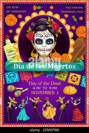 Day of the Dead Catrina mit tanzenden Skeletten Vektor-Design. Mexikanischer Dia de los Muertos Zuckerschädel, Ringelblumen und Tequila, musikalisches Festival g Stock Vektor