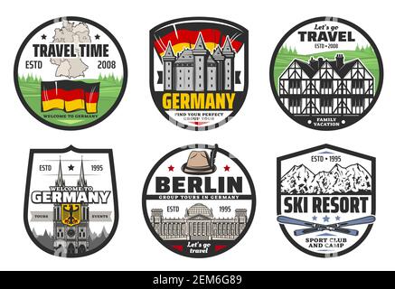 Deutschland Reisen und Wahrzeichen isoliert Vektor-Symbole. Flagge, Karte und Wappen von Deutschland, Berlin berühmtes Gebäude, Alpen Berge, fachwerkhaus und b Stock Vektor
