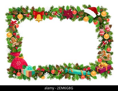 Weihnachten Weihnachtskarte Rahmen und Leerraum. Vector Lebkuchenkekse und Socken, Geschenkbox und Zapfen, Stechpalme Pflanze und Zuckerrohr. Klingel und Pr Stock Vektor