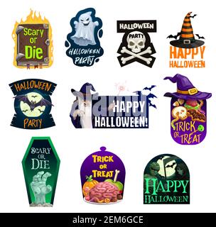Halloween Vektor-Icons von Geist, Fledermäuse und Hexenhut mit Trick or Treat Süßigkeiten, Schädel, Knochen und Zombie-Hand, Mama, Tod Skelett und bösen Zauberer, Stock Vektor