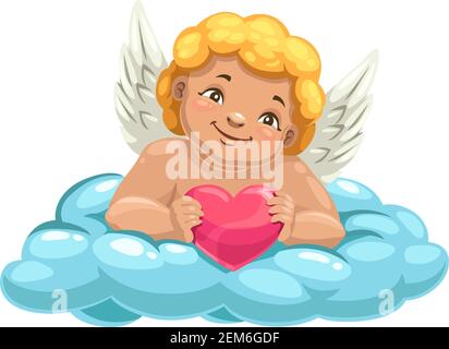 Geflügelter Amor Junge, Herz in Händen, isoliert auf Wolke. Vektor-Cartoon Amur, Himmel Engel Stock Vektor