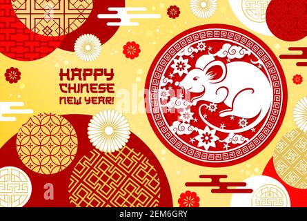 Chinesisches Neujahr, traditionelle Ornamente und Feier Symbole. Happy Chinese New Year, Zeichen der Ratte mit floralen Ornamenten und chinesischen Muster von pape Stock Vektor