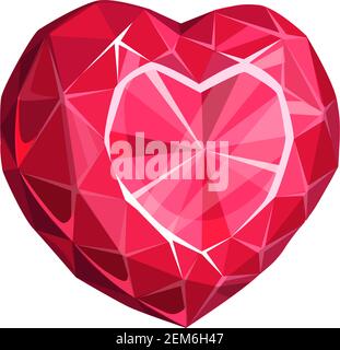 Roter Edelstein in Form von Herz isoliert Edelstein. Vektor Rubin Edelstein, Diamantschmuck Stock Vektor
