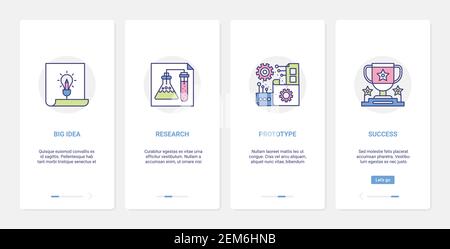 Große Idee Forschung Bildung Prozesse Vektor Illustration. UX, UI Onboarding mobile App Seite Bildschirm mit Linie kreative Wissenschaft Fortschritt im Testexperiment, Erfolg Prototyp wissenschaftliche Symbole gesetzt Stock Vektor