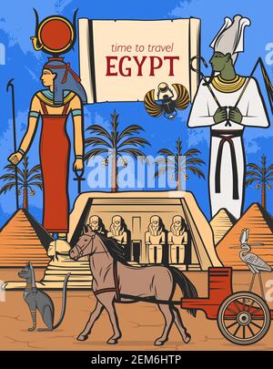 Reise nach Ägypten Vektor-Design der alten ägyptischen pharao Pyramiden, Götter und Tempel. Sphynx, Osiris und Isis Göttin mit ankh Symbol und Stab, Katze s Stock Vektor
