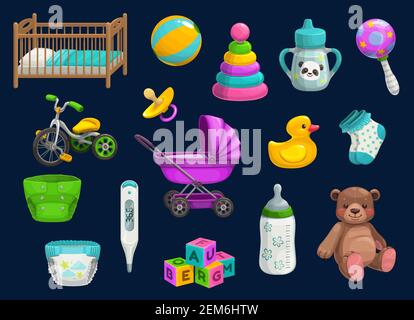 Babyartikel Symbole mit Vektor-Spielzeug und Kinderpflegeprodukte. Flasche, Rassel und Schnuller, Kinderwagen, Windel und gefüllte Bär, Krippe, Socken und sippy Cup, r Stock Vektor