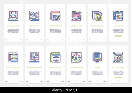 Codierprogrammierungstechnologie für Mining, Datenanalyse und Storage Vektordarstellung. UX, UI Onboarding mobile App Seite Bildschirm mit Line Engineering Prognosemodell System zur Problemlösung gesetzt Stock Vektor