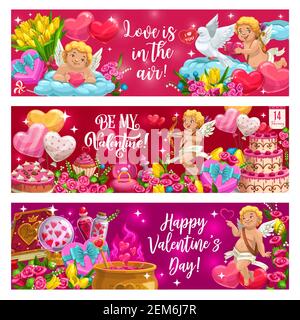 Liebe in der Luft, sei mein Valentine Motto am Valentinstag Feiertage. Vektor-Cupids und Tauben, Herz geformte Luftballons, Süßigkeiten. Elixier der Liebe, Tulpen und Stock Vektor