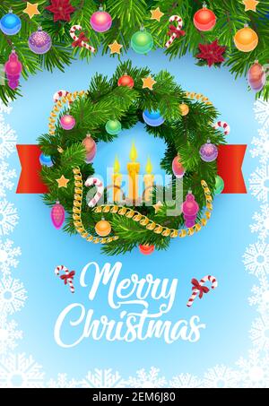 Weihnachtskranz Vektor Grußkarte im Rahmen von Weihnachtsbaum und Schneeflocken. Tannengirlande mit Kugeln, Sternen und Kerzen, Bonbons, Bändern und p Stock Vektor
