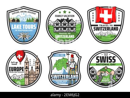 Schweiz Stadtrundfahrten, Sehenswürdigkeiten und Sehenswürdigkeiten Sightseeing-Touren, Reisebüro Vektor-Symbole. Schweiz Urlaub, Kultur, historische Architektur Stock Vektor