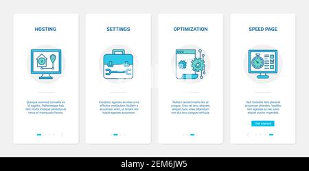 Web-Seite Optimierung Moderne Internet-Technologie Vektor Illustration. UX, UI Onboarding mobile App Seite Bildschirm mit Zeile rechts Tech-Einstellungen für Website-Download-Geschwindigkeit, Homepage Hosting-Symbole Stock Vektor