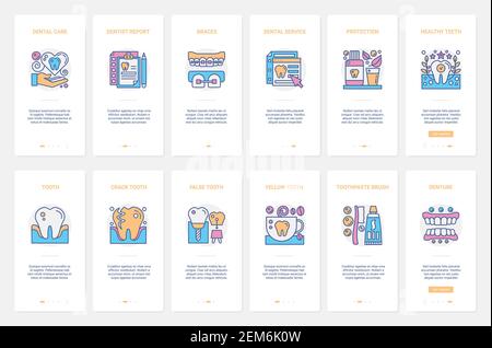 Zahnpflege Zahnmedizin Medizin Service Vektor Illustration. UX, UI Onboarding mobile App Seite Screen Set mit Linie Zahnarzt Bericht, Krankenhaus-Implantat-Technologie für gebrochenen Zahn zu schützen gesunde Zähne Stock Vektor