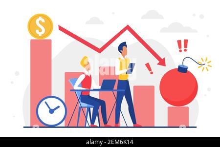 Business Economy zukünftige Schäden, finanzielle Sturm Vektor Illustration. Cartoon Geschäftsmann Team von Charakteren beobachten Aktienmarktstatistiken Pfeil fallen, wirtschaftliche Rezession Konzept isoliert auf weiß Stock Vektor