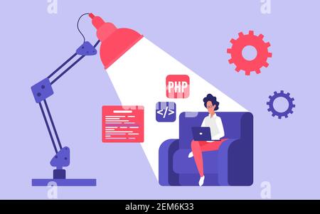 Web Engineering Arbeit Vektor Illustration. Cartoon Software Ingenieur Charakter Programmierung Website, freiberufliche Programmierer arbeiten auf Laptop sitzen im Sessel unter Licht der großen Lampe Hintergrund Stock Vektor