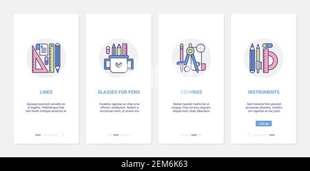 Schreibwaren für Schule oder Büro Vektor Illustration. UI, UX Onboarding mobile App Seite Screen Set mit Linie Ausrüstung für Papierarbeit, Sammlung von Bleistiften in Glas, Kompass Messwerkzeuge Stock Vektor
