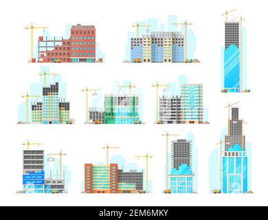 Wolkenkratzer Gebäude Bau isoliert Cartoon Vektor-Symbole gesetzt. Arbeitskrane setzen Steinblöcke auf Gebäudefassade, Betonmischer und LKW Witz Stock Vektor