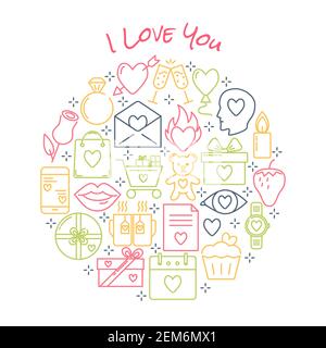 Valentinstag rund Konzept mit Liebe Symbole in Linie Stil. Romantisches Banner oder Poster Vorlage mit I Love You Text. Vektorgrafik. Stock Vektor