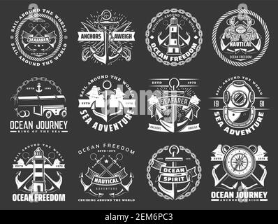 Nautische Ikonen mit Seeschiffankern, Ketten und Seilen von Meeresreisen oder Reisen. Vector Segelboote, Seemann Kompass Rosen, Leuchttürme und Taucher Hel Stock Vektor