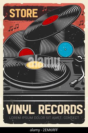 Vinylplatten Geschäft, Vektor Vintage Retro Poster, Musikinstrumente und DJ Musikequipment Geschäft. Schallplattenplatten, moderne Grammophon-Phonograp Stock Vektor
