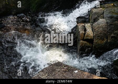 Eine große Wasserströmung fließt um Felsformationen von Ipiranguinha Wasserfall bilden einen natürlichen Pool direkt unterhalb in dichten Serra do Mar Wald. Stockfoto