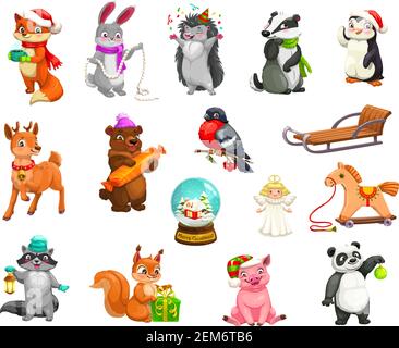 Weihnachten Tiere und Urlaub Dekorationen Cartoon-Symbole. Vector Tiere in Weihnachtsmützen mit Weihnachtsgitts, Spielzeug und Ornamenten, Rentiere mit Schlitten in conf Stock Vektor