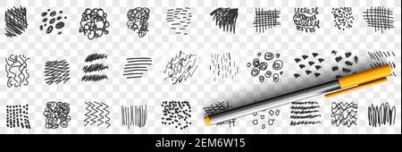 Scribbles Linien Zeichnungen Doodle Set. Sammlung von handgezeichneten Scribbles von verschiedenen Mustern geraden und winkenden Linien geometrischen Formen isoliert auf transparentem Hintergrund Stock Vektor