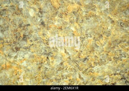 Goldener Onyx mit dunklen Adern, Fragment einer flachen Oberfläche eines polierten Natursteins aus der Nähe. Hintergrund, Muster, Textur. Stockfoto