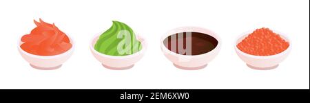 Grüne Wasabi, eingelegter Ingwer, Teriyaki Sojasauce, Kaviar in Schüsseln. Würze für Sushi-Mahlzeit. Set mit traditioneller Sushi-Sauce. Vektorgrafik isola Stock Vektor