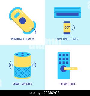 Smart Home Concept Icon Set in flachem Stil. Fensterreinigungsroboter, intelligenter Lautsprecher, automatisches Schloss und ferngesteuerte Klimaanlage. Vektorgrafik Stock Vektor