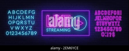 Live-Streaming Neon-Zeichen auf einer Backsteinmauer Hintergrund. Pinke und blaue Neon-Alphabete. Stock Vektor