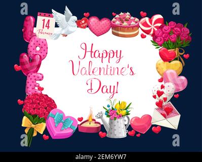 Happy Valentines Tag Gruß Kalligraphie in floralen Rahmen von Herz-Ballons, Rosen Blumen und Blumensträuße. Vektor 14 Februar Valentine Liebe messa Stock Vektor