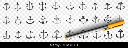 Anker für Schiffe Doodle Set. Sammlung von handgezeichneten verschiedenen Anker in verschiedenen Formen und Stilen für Bord-Schiffe und nautische Wasserfahrzeuge isoliert auf transparentem Hintergrund Stock Vektor