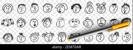 Lustige Kinder Gesichter Doodle Set. Sammlung von Hand gezeichnet niedlichen lustigen Karikatur Mädchen und Jungen Gesichter Porträt mit positiven und negativen Mimik Emotionen isoliert auf transparentem Hintergrund Stock Vektor