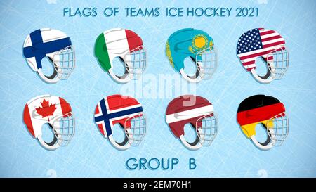 Eishockey-Wettkampfteams Flaggen 2021 auf Helmen auf Eis Hintergrund. Gruppe B. Bekanntgabe der Teilnehmer des Wettbewerbs. Vektor Stock Vektor