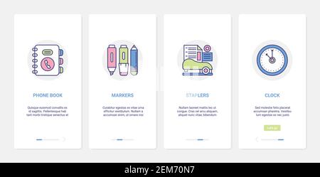 Schreibwaren Verbrauchsmaterialien für Büroangestellte Vektordarstellung. UI, UX Onboarding mobile App Seite Screen Set mit Line-Telefonbuch mit Kontakte-Management, Marker Hefter Uhr Arbeit Zubehör Symbole Stock Vektor