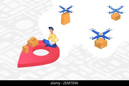 Darstellung des Drohnenlieferkonzepts. Cartoon Mann Figur sitzt mit Laptop und Bestellung von Waren online, liefern Drohne modernen Transport fliegen, Lieferung von Auftragsboxen zu Benutzer Kundenhintergrund Stock Vektor