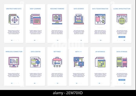 Science Data Storage Lern- und Transformationsvektor Illustration. UX, UI Onboarding Mobile App Page Screen Set mit Linie Rechenzentrum globale Infrastruktur, drahtlose Verbindung für Machine Thinking Stock Vektor