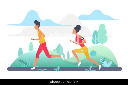 Menschen laufen in Park grüne Landschaft, Joggen Outdoor Sport Workout Vektor Illustration. Cartoon Frau Mann sportliche Charaktere laufen, Läufer Training zu Marathon. Gesunde Lebensweise isoliert auf weiß Stock Vektor