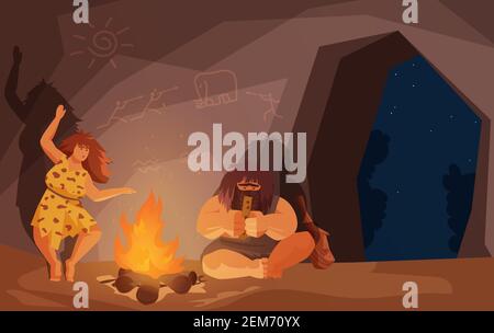 Steinzeit primitive Familie Menschen sitzen durch Feuer Vektor Illustration. Cartoon Ur Höhlenmensch Charakter spielen alte Musikinstrument, neandertaler Frau tanzen in der Nähe Lagerfeuer in Höhle Hintergrund Stock Vektor