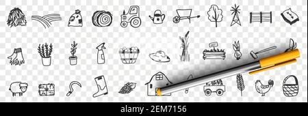 Landwirtschaftliche Werkzeuge und Ausrüstung Doodle Set. Sammlung von handgezeichneten Traktor Heu Bauernhof Tiere Haus Korb Ernte Schafe Pflanzen Gießkanne Schaufel Stiefel für die Landwirtschaft isoliert auf transparentem Hintergrund Stock Vektor