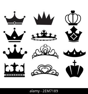 Krone Symbol auf weißem Hintergrund. Emblem und königliche Symbole. Set von Silhouetten von Kronen. Krone Logo. Stockfoto