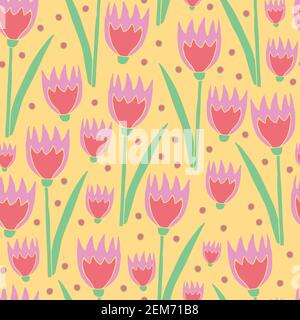 Nahtloses Vektor-Muster mit rosa Tulpen auf gelbem Hintergrund. Schöne romantische florale Tapete Design. Blumengarten Mode Textil. Stock Vektor