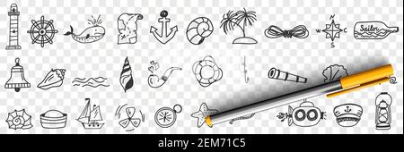Segeln und nautische Ausrüstung Doodle Set. Sammlung von Hand gezeichneten Leuchtturm Anker Kompass Matrosen Flasche Schiffe Boote Glocke Muscheln Rohr Insel Palmen Seil isoliert auf transparentem Hintergrund Stock Vektor