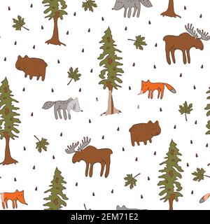 Nahtlose Vektor-Muster mit Waldtieren auf weißem Hintergrund. Wildlife Landschaft Wallpaper Design für Kinder. Mode Textil mit handgezeichneten Tier. Stock Vektor