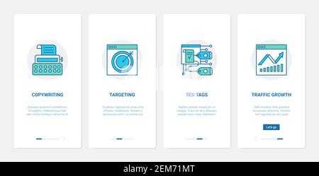 SEO-Optimierung Internet-Technologie Vektor Illustration. UX, UI Onboarding mobile App Seite Bildschirm mit Zeile Copywriting Targeting seo Tags Web-Verkehr Optimierung Methoden, um Web-Traffic zu erhöhen Stock Vektor