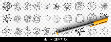 Sternmuster und Linienzeichnungen Doodle Set. Sammlung von handgezeichneten dekorativen eleganten Muster von Sternen Linien Spritzer blinken in runden Kreisformen isoliert auf transparentem Hintergrund Stock Vektor