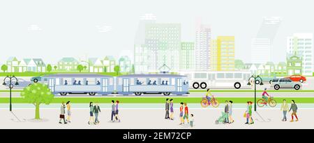 City Silhouette mit Straßenbahn, Autos und Bus mit Menschen auf dem Bürgersteig, Illustration Stock Vektor