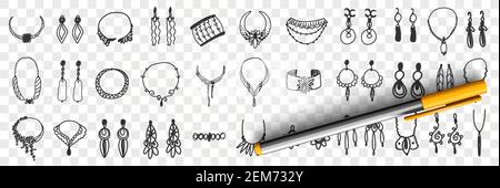 Schmuck und Accessoires Doodle Set. Sammlung von handgezeichneten eleganten femininen Accessoires Ohrringe Halskette Armbänder für das Tragen mit stilvollen Kleidung isoliert auf transparentem Hintergrund Stock Vektor