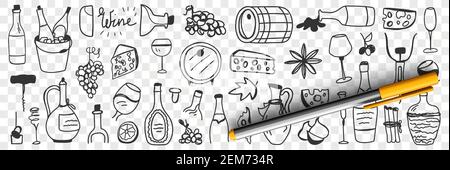 Ware für die Weinherstellung Doodle-Set. Sammlung von handgezeichneten Fässern Trauben Krüge Flaschen Gläser Käse Vakuum Korkenzieher Flaschen für die Weinherstellung und Verkostung isoliert auf transparentem Hintergrund Stock Vektor